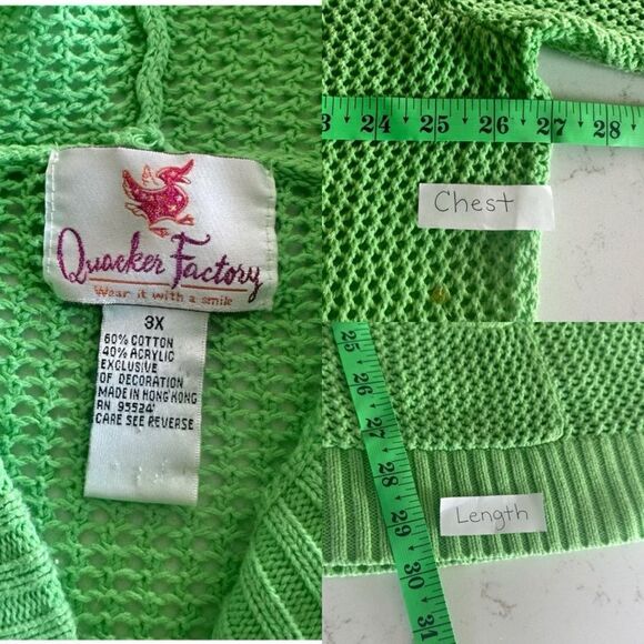 Quaker Factory 3X Lime Green Open-Knit Zip Cardigan Sweater Jacket Sequins Hood - Picture 5 of 9